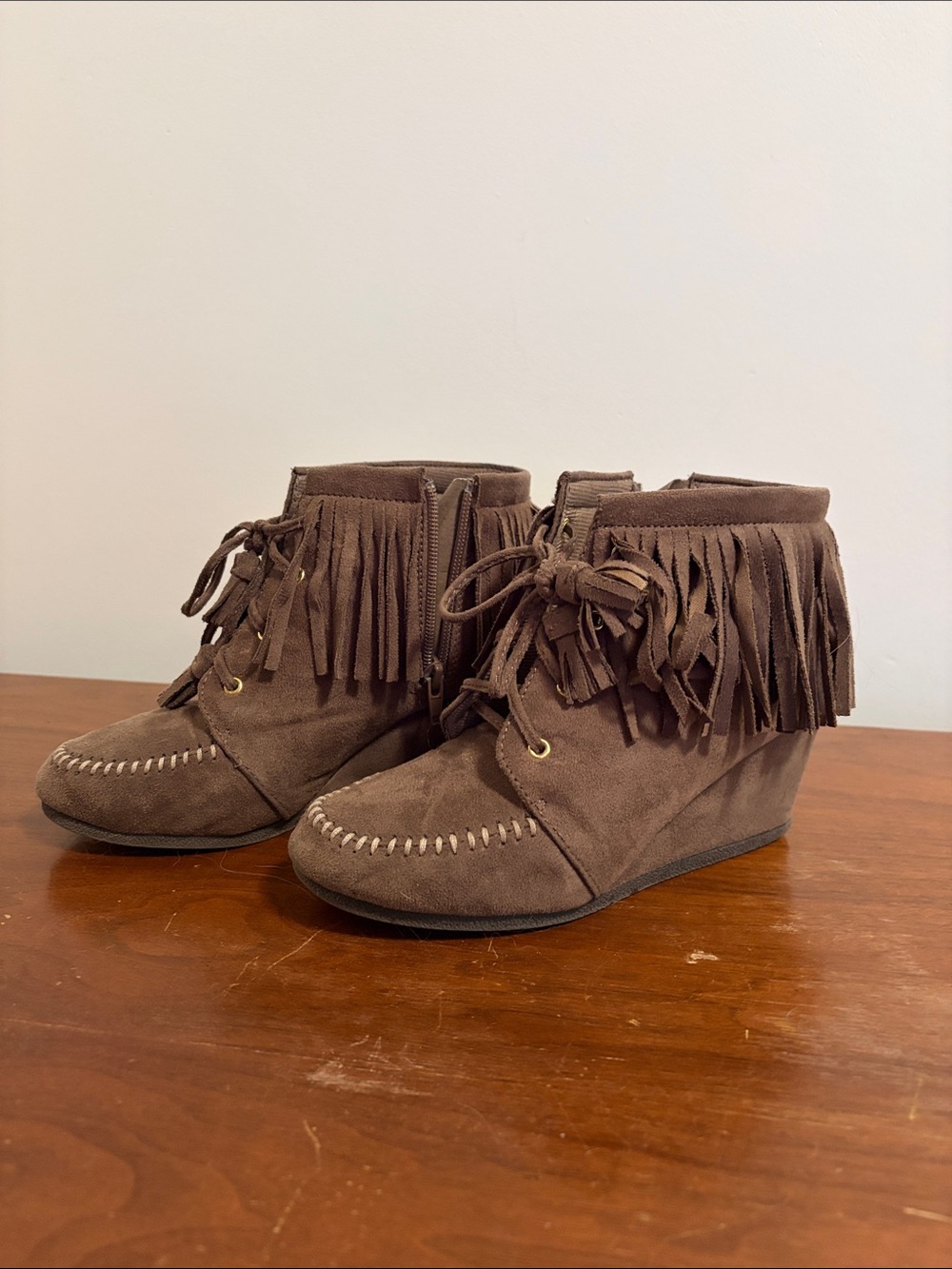Fringe Suede Wedge Ankle Boots - Brown